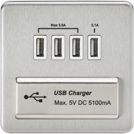 Screwless Quad USB Charger Outlet (5.1A)-SFQUADBCW-Knightsbridge-Brushed chome-White insert 