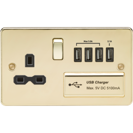 Knightsbridge 13A Switched Socket with Quad USB-A (5V DC 5.1A shared) - Polished Brass with Black Insert FPR7USB4PB