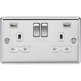 Knightsbridge 13A 2G SP Switched Socket with Dual USB A+A (5V DC 2.4A shared) - Polished Chrome with White Insert CL9224PCW