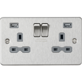 Knightsbridge 13A 2G switched socket with dual USB charger A + A (2.4A) - Brushed chrome with grey insert FPR9224BCG