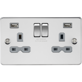 Knightsbridge 13A 2G switched socket with dual USB charger A + A (2.4A) - Polished chrome with grey insert FPR9224PCG