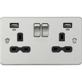 Knightsbridge 13A 2G Switched Socket, Dual USB (2.4A) with LED Charge Indicators - Brushed Chrome w/black insert FPR9904NBC