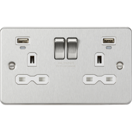 Knightsbridge 13A 2G Switched Socket, Dual USB (2.4A) with LED Charge Indicators - Brushed Chrome w/white insert FPR9904NBCW