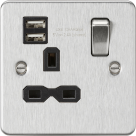 Knightsbridge Flat plate 13A 1G switched socket with dual USB charger (2.4A) - brushed chrome with black insert FPR9124BC