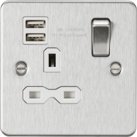 Knightsbridge Flat plate 13A 1G switched socket with dual USB charger (2.4A) - brushed chrome with white insert FPR9124BCW