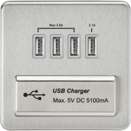 Screwless Quad USB Charger Outlet (5.1A)-SFQUADBCG-Knightsbridge-Brushed chome-Grey insert 