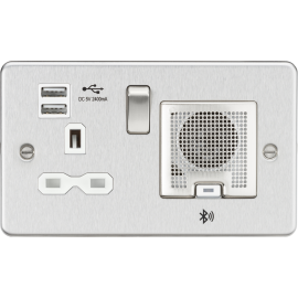 Knightsbridge 13A Switched socket, Dual USB & Bluetooth Speaker Combo - Brushed chrome with white insert FPR9905BCW