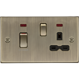 Knightsbridge 45A DP Switch & 13A Socket with Neons - Antique Brass with Black Insert CS83MNAB
