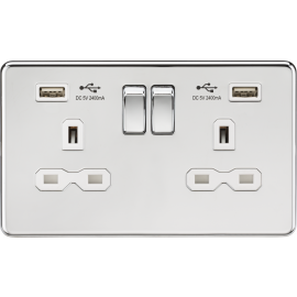 13A 2G switched socket with dual USB charger A + A (2.4A) - Polished chrome with-white insert