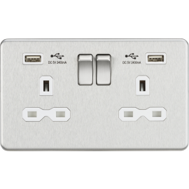 Screwless 13A 2G switched socket with dual USB charger (2.1A)-Brushed chome-White insert 