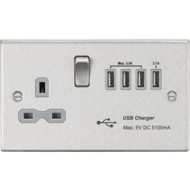 Knightsbridge CS7USB4BCG Switched Socket with 5.1 A Quad USB Charger, Brushed Chrome with Grey Insert, 13 A