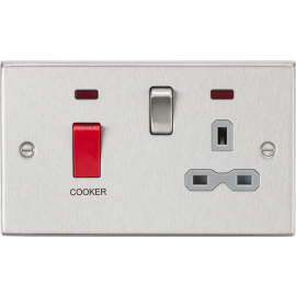 Knightsbridge CS83BCG DP Cooker Switch & Switched Socket with Neons & Grey Insert, Square Edge Brushed Chrome, 45 A/13 A