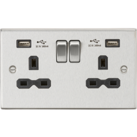 Knightsbridge 13A 2G SP Switched Socket with Dual USB A+A (5V DC 2.4A shared) - Brushed Chrome with Black Insert CS9224BC