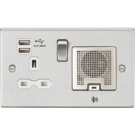 Knightsbridge CS9905BCW Socket, 2.4 A USB Chargers & Bluetooth Speaker, Square Edge Brushed Chrome with White Insert, 13 A