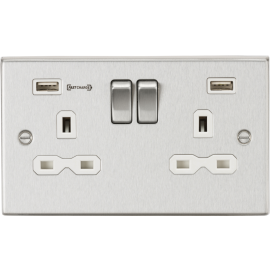 Knightsbridge CS9906BCW DP Switched Socket with Dual USB Charger, Type-A Fastcharge Port, Brushed Chrome/White, 13 A, 2G