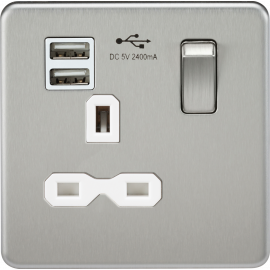 Screwless 13A 1G switched socket with dual USB charger (2.4A) - brushed chrome with white insert