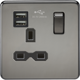 Screwless 13A 1G switched socket with dual USB charger (2.4A) - black nickel with black insert