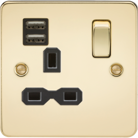 Knightsbridge 13A 1G SP Switched Socket with Dual USB A+A (5V DC 2.4A shared) - Polished Brass with Black Insert FPR9124PB