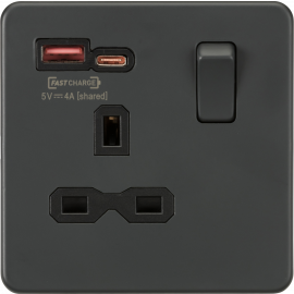 Screwless 13A 1G Switched Socket w/ Dual USB FASTCHARGE ports A/C (5-12V 4A shared) - Anthracite