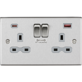 Knightsbridge 13A 2G DP Switched Socket with Dual USB A+C 12V DC 1.5A [Max. 18W] - Brushed Chrome with Grey Insert CS9909BCG