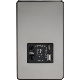 Knightsbridge Shaver socket with dual USB A+C (5V DC 2.4A shared) black nickel SF8909BN