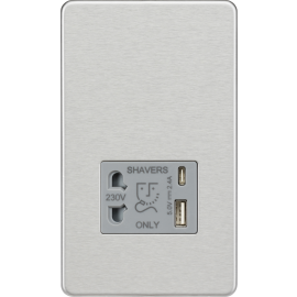 Knighstbridge 230V Shaver Socket with Dual USB A+C [5V DC 2.4A shared] - Brushed Chrome with Grey Insert SF8909BCG