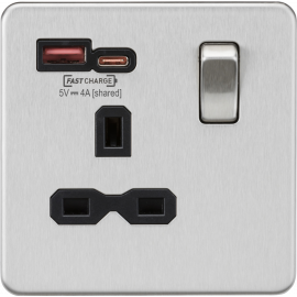 13A 1G Switched Socket with Dual Fast Charge Outlets A+C (5-12V 4A shared) - brushed chrome