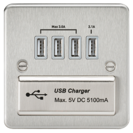 Knightsbridge Flat Plate Quad USB charger outlet - Brushed chrome with grey insert FPQUADBCG