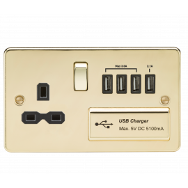 Flat plate 13A switched socket with quad USB charger-FPR7USB4-Knightsbridge-Polished Brass-Black insert 