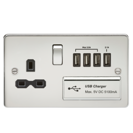 Flat plate 13A switched socket with quad USB charger-FPR7USB4-Knightsbridge-Polished Chrome-Black insert 