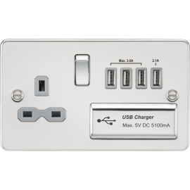 Flat plate 13A switched socket with quad USB charger-FPR7USB4-Knightsbridge-Polished Chrome-Grey insert 