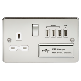 Flat plate 13A switched socket with quad USB charger-FPR7USB4PCW-Knightsbridge-Polished Chrome-White insert 