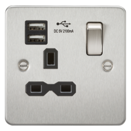 Flat plate 13A 1G switched socket with dual USB charger (2.1A)-FPR9901-Knightsbridge