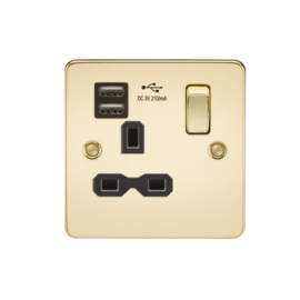 Flat plate 13A 1G switched socket with dual USB charger (2.1A)-FPR9901-Knightsbridge-Polished Brass-Black insert 
