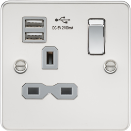 Flat plate 13A 1G switched socket with dual USB charger (2.1A)-FPR9901-Knightsbridge-Polished Chrome-Grey insert 