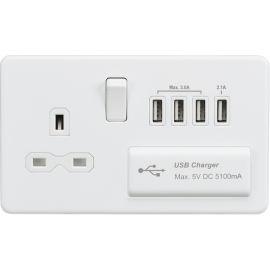 Knightsbridge 13A 1G 2G DP Switched Socket Dual USB Charger Dual Voltage Shaver-SFR7USB4MW - 13A switched socket with quad USB cha