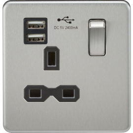 Screwless 13A 1G switched socket with dual USB charger (2.4A) - brushed chrome with Black Insert