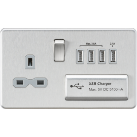 Screwless 13A switched socket with quad USB charger (5.1A)-SFR7USB4BCG-Knightsbridge-Brushed chome-Grey insert 