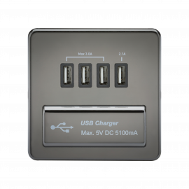 Screwless Quad USB Charger Outlet (5.1A)-SFQUADBN-Knightsbridge-Black Nickel-Black insert 
