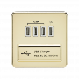 Knightsbridge Screwless Quad USB Charger Outlet (5.1A) Polished Brass SFQUADPBW 