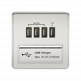 Screwless Quad USB Charger Outlet (5.1A)-SFQUADPC-Knightsbridge-Polished Chrome-Black insert 
