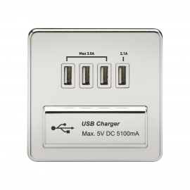 Screwless Quad USB Charger Outlet (5.1A)-SFQUADPCW-Knightsbridge-Polished Chrome-White insert 
