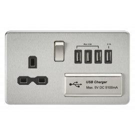 Screwless 13A switched socket with quad USB charger (5.1A)-SFR7USB4BC-Knightsbridge-Brushed chome-Black insert 
