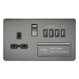 Screwless 13A switched socket with quad USB charger (5.1A)-SFR7USB4BN-Knightsbridge-Black Nickel-Black insert 