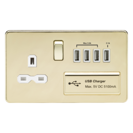 Knightsbridge Screwless 13A switched socket with quad USB charger (5.1A) Polished Brass SFR7USB4PBW
