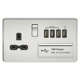 Screwless 13A switched socket with quad USB charger (5.1A)-SFR7USB4PC-Knightsbridge-Polished Chrome-Black insert 