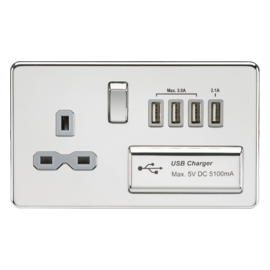 Screwless 13A switched socket with quad USB charger (5.1A)-SFR7USB4PCG-Knightsbridge-Polished Chrome-Grey insert 