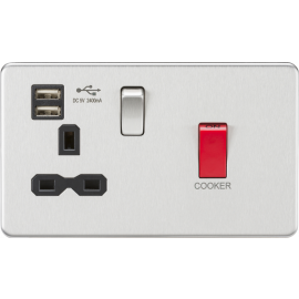 45A DP Switch & 13A Switched Socket with Dual USB Charger 2.4A - Brushed Chrome with black insert