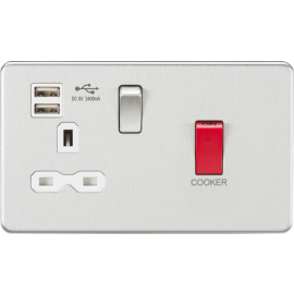 45A DP Switch & 13A Switched Socket with Dual USB Charger 2.4A - Brushed Chrome with white insert