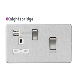 45A DP Switch and 13A switched socket with dual USB charger - brushed chrome with white insert